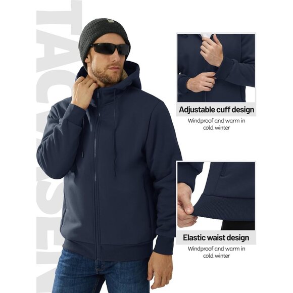 Mens Winter Hoodie Full Zip Fleece Sherpa Lined Warm Navy Casual Sweatshirt - Picture 5 of 6